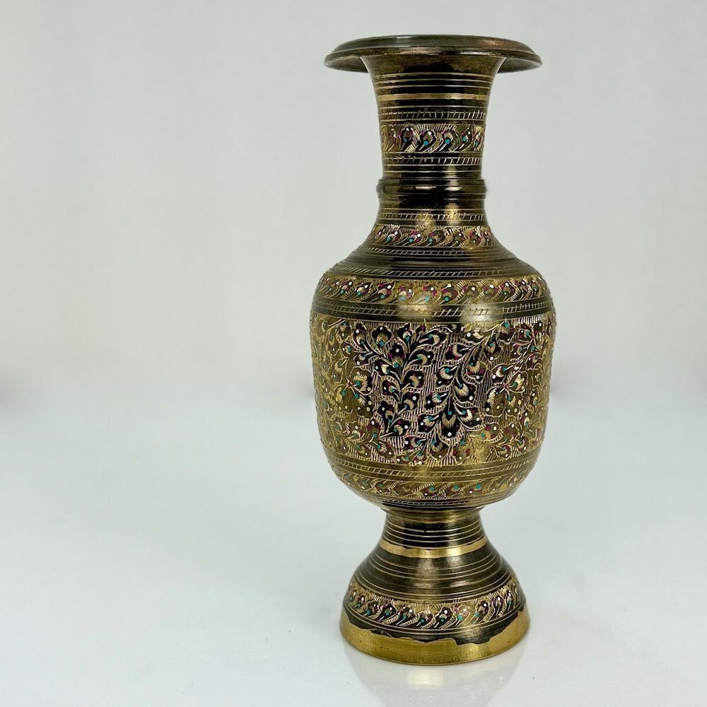 Vintage India Brass Bud Vase | Hand Engraved Floral Design